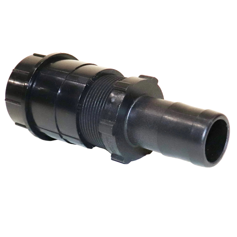 A black sink drain connector with a barbed hose attachment.