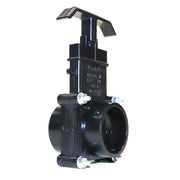 A black 1-1/2 inch blade style waste valve with slip couplers, featuring a stainless steel shaft and a threaded handle.