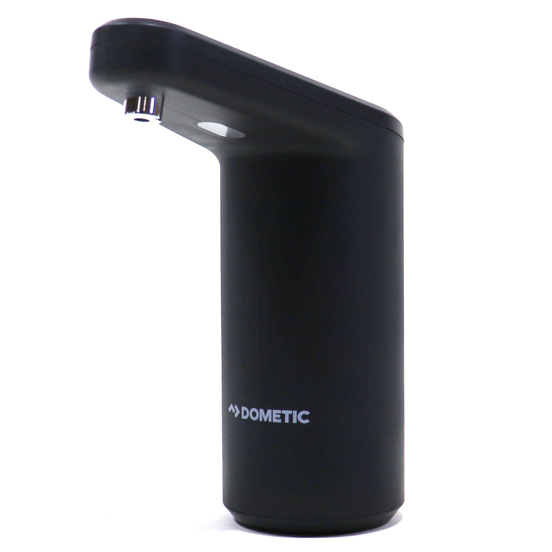 A black USB powered faucet with a touch switch, branded by Dometic, designed to be mounted on a countertop.