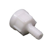 A white plastic faucet sink fitting with barbed connection for water lines.