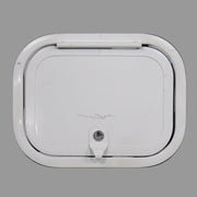 A white compartment door with a cam lock mechanism, likely made of plastic or metal, used for storage purposes in vehicles.
