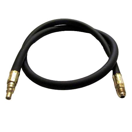 A black low pressure outdoor stove or grill hose with a flared male fitting on one end and a quick connect on the other end, measured at 48 inches in length.