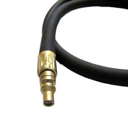 Black rubber hose with brass fitting on a white background