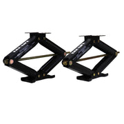 A pair of Eaz-Lift 24-inch scissor jacks in black color, fully extended, designed for stabilizing RVs and other vehicles.