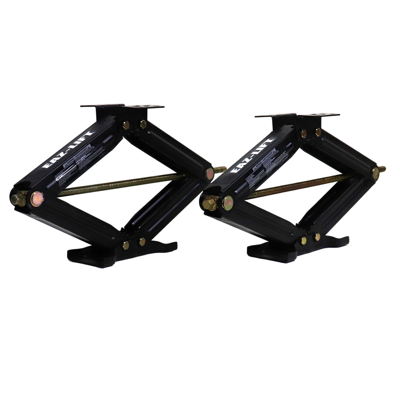 A pair of Eaz-Lift 24-inch scissor jacks in black color, fully extended, designed for stabilizing RVs and other vehicles.