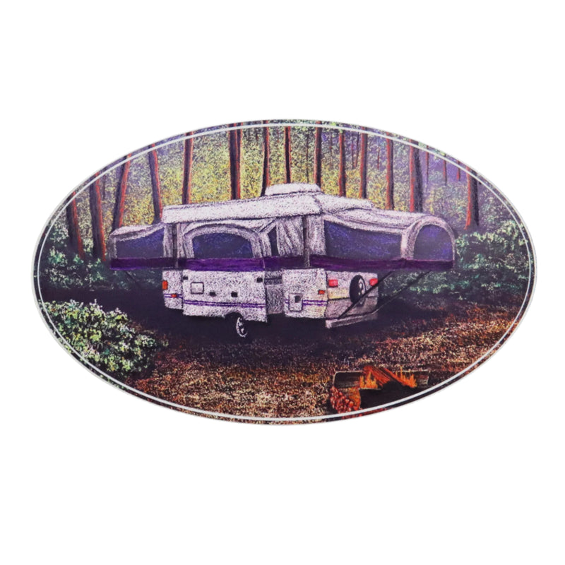 A decal featuring a colorful illustration of a camping scene with a trailer and trees.
