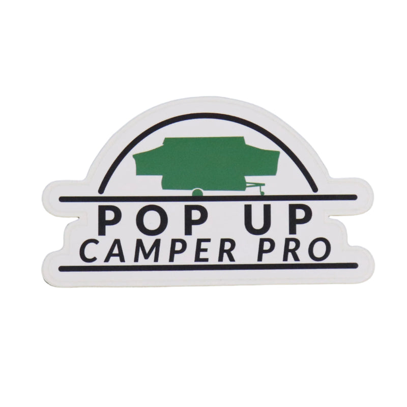 A decal with the text 'POP UP CAMPER PRO' and an illustration of a camper above the text.