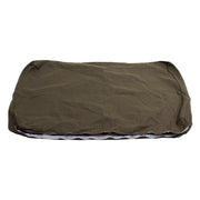 A green cushion cover designed to fit over a cushion, displayed on a white background.