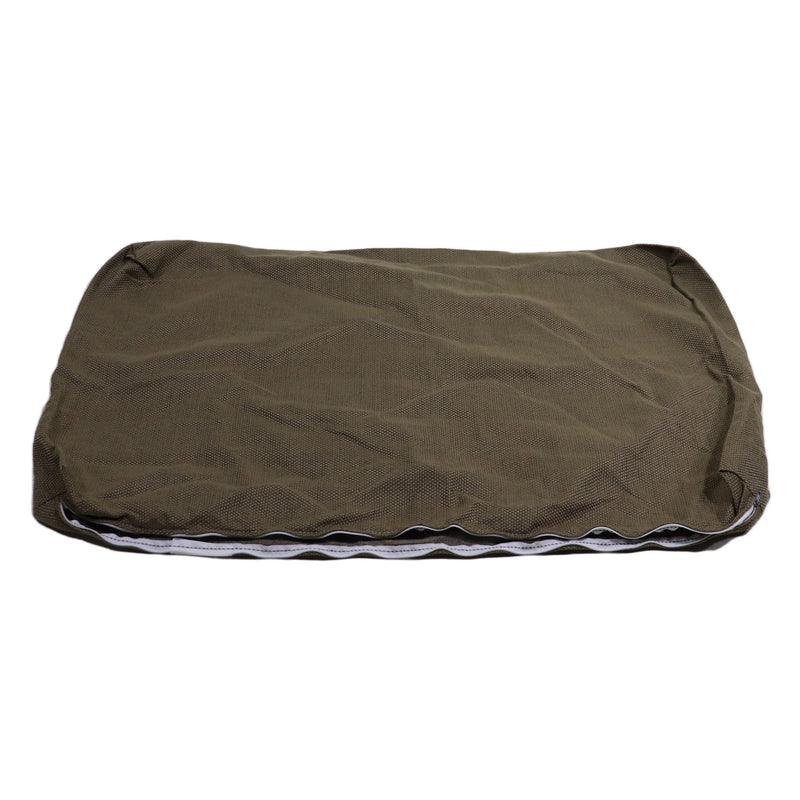 A green cushion cover designed to fit over a cushion, displayed on a white background.