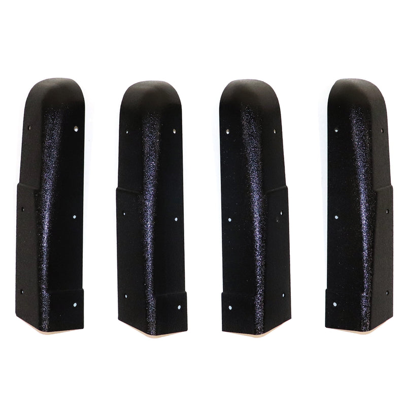 A set of four black corner caps for a roof, displayed side by side.