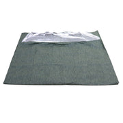 A green mesh topped dressing room curtain with button snaps on the top edge.