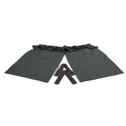 Tip out curtains with valance installed on a tent, featuring a dark color with a decorative border at the top.
