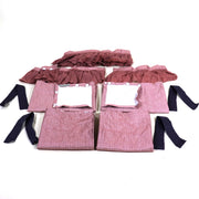 A set of red curtains for an 8 foot box, including four panels, three valances, and four ties, laid out on a white background.