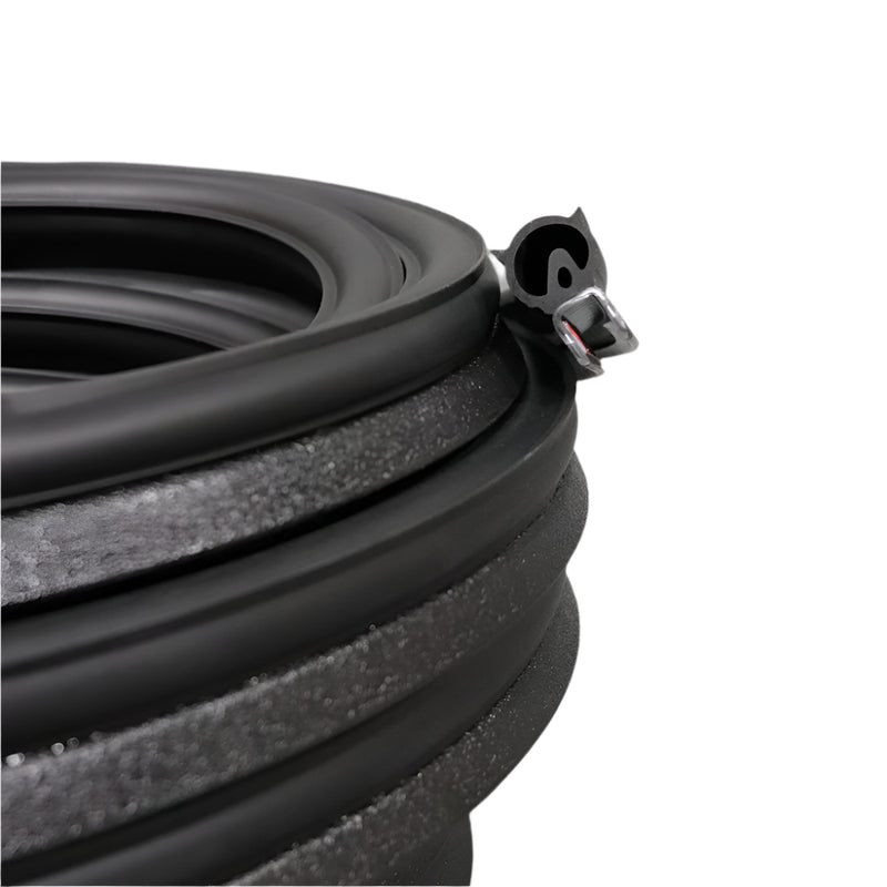 A roll of black ABS roof seal with adhesive side visible, against a grey background.