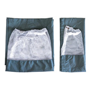 Two green privacy panels with white mesh tops, designed for use as curtains, laid out flat.