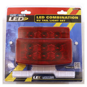 Packaged LED tail light kit for RVs, containing two red rectangular lights with LED diodes visible through the plastic casing.