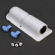 A white power port with a cigar lighter style receptacle, accompanied by blue connectors and screws for installation.