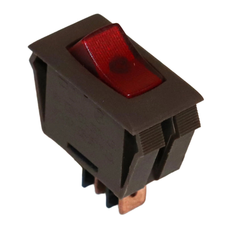 A red lighted rocker switch typically used for porch or cargo lamps.