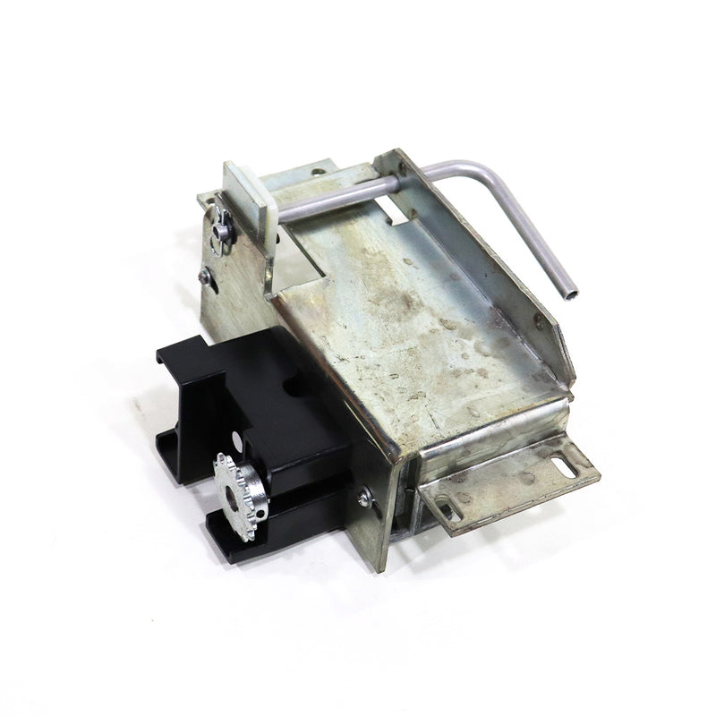 A power bed motor and harness, primarily metallic, with some black components, displayed against a white background.
