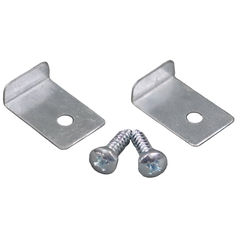 Two silver metal brackets with a hole each, accompanied by matching screws, displayed on a grey background.