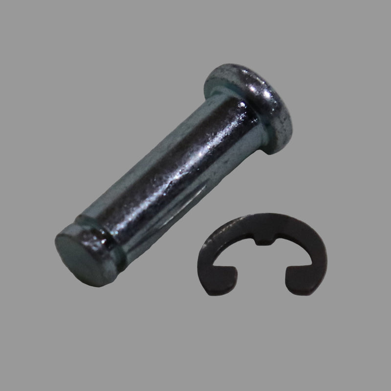 A pulley pin with a C clip, the pin is metallic and the C clip is black.