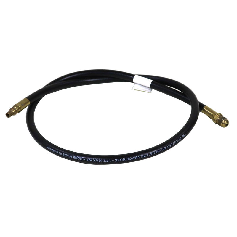 A black low pressure outdoor stove or grill hose with 3/8 inch fittings on both ends.