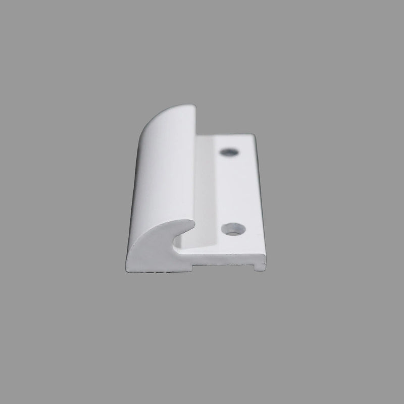 A white storage box lid strike with mounting holes, placed on a gray background.