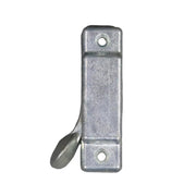 A metal latch assembly used for locking a screen door to a roof, silver in color.