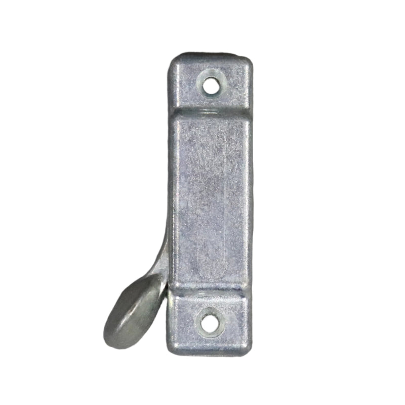 A metal latch assembly used for locking a screen door to a roof, silver in color.