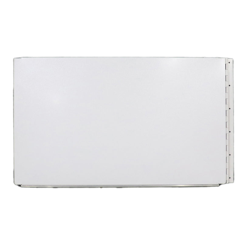 A white swing style access door designed to be wheelchair accessible, with a solid pattern and a visible hinge on one side.