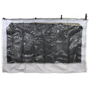 A large canvas window for a coleman pop-up camper, grey in color with black window backing