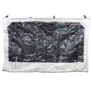 A large canvas window for a coleman pop-up camper, grey in color with black window backing