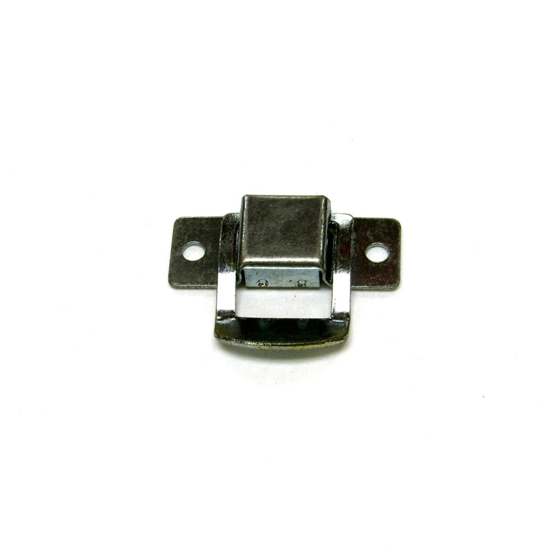 A metal stove latch against a white background.