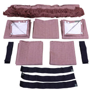 Set of red striped curtains laid out with five panels, three valances, and ties, against a white background.