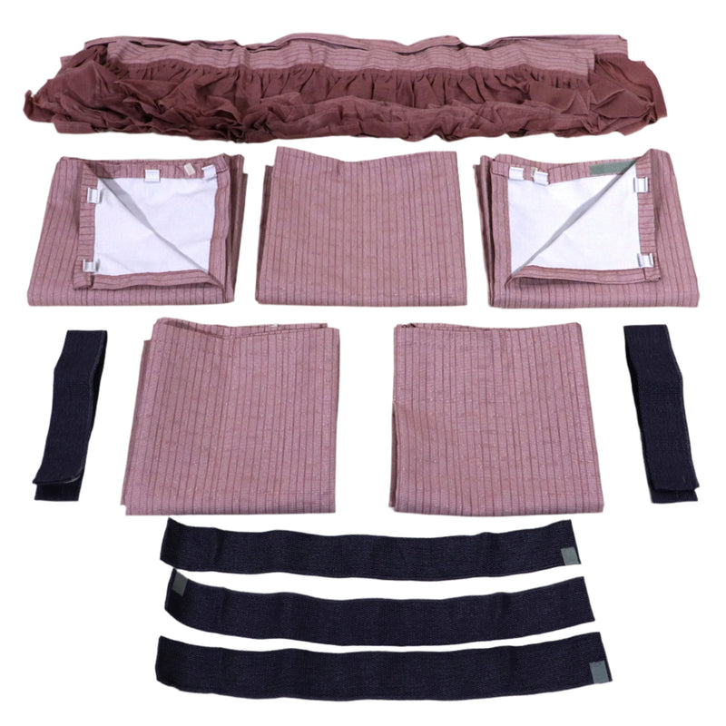Set of red striped curtains laid out with five panels, three valances, and ties, against a white background.