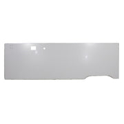 A white metal side panel for a vehicle, featuring cut-outs for exterior outlet, roof latch, and porch lamp.