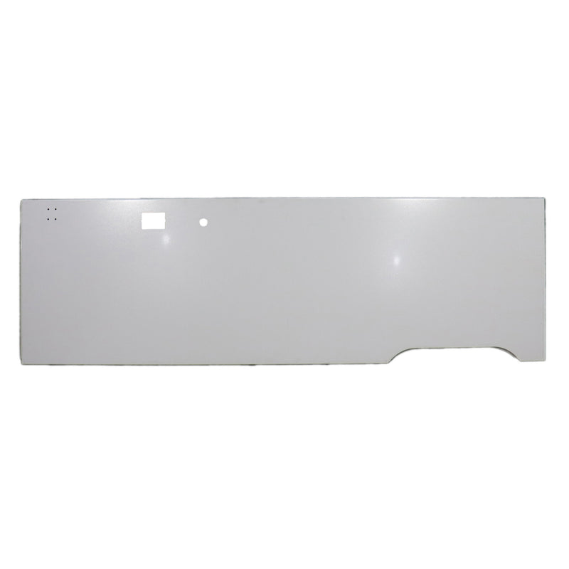 A white metal side panel for a vehicle, featuring cut-outs for exterior outlet, roof latch, and porch lamp.