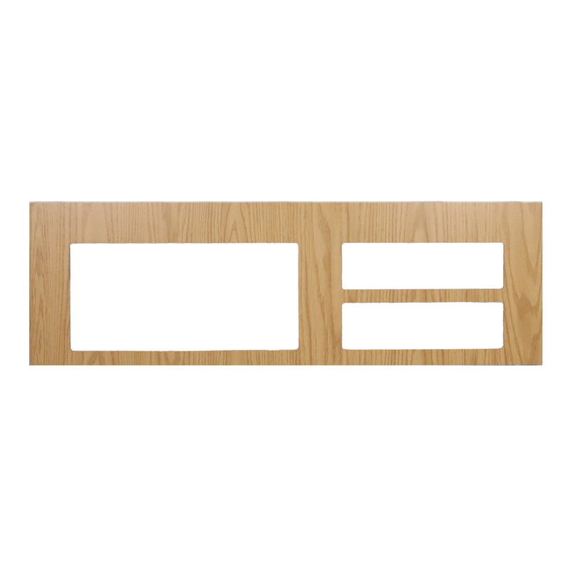 Cabinet front panel for a two-part hutch system, made of wood with a natural finish, featuring two rectangular cutouts for doors or drawers.