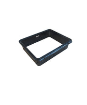 A black plastic frame designed for a hatch door, placed on a tiled surface.