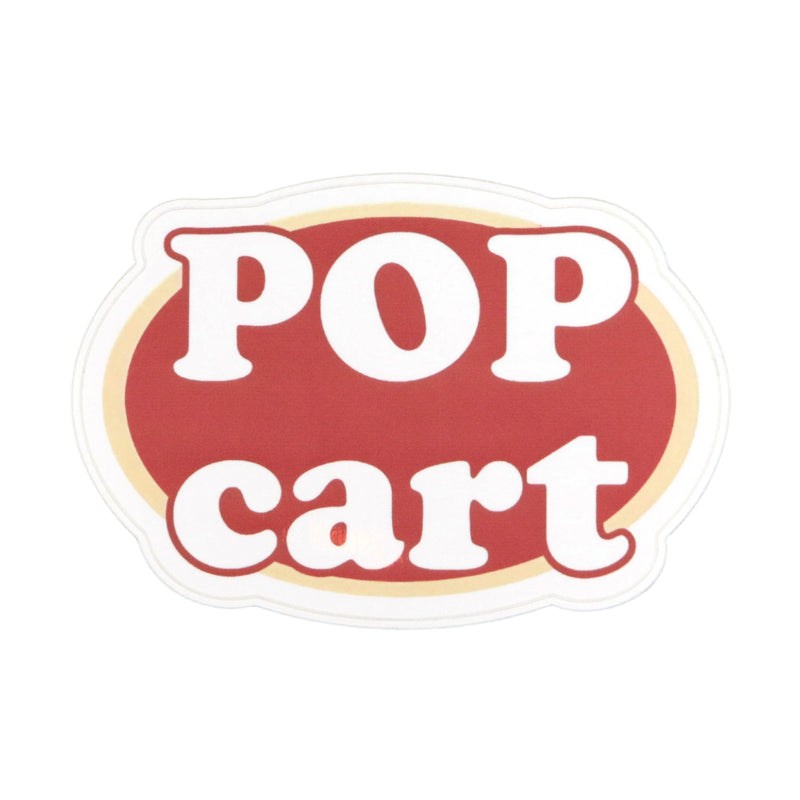A red, white, and yellow decal with the text 'POP cart' on a dark background.