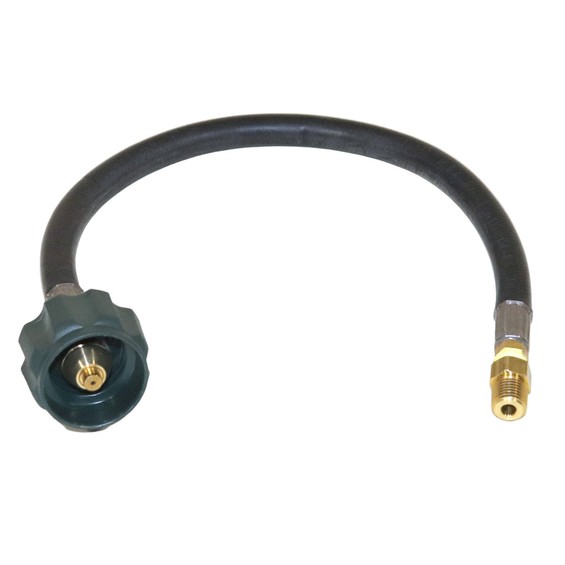 A black LP gas hose with a green acme nut on one end and a brass 1/4 inch inverted MPT on the other.