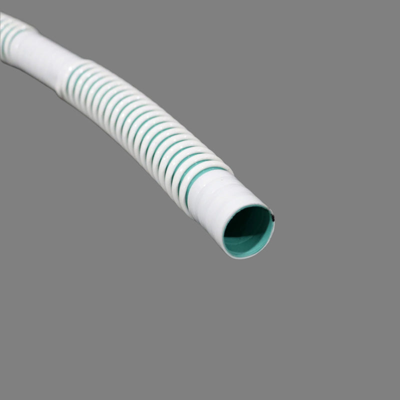 A flexible white drain hose with green stripes, likely made of PVC, designed for use with RV sinks.