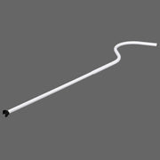 A white colored metal tent pole with a push pin and C clasp, displayed against a grey background.