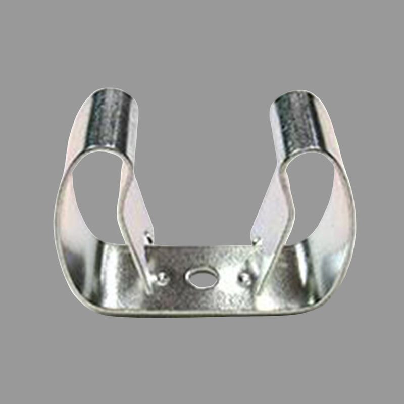 A metal bed leg clip with a silver finish, designed to hold bed leg poles.