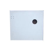 A white metal side panel for a vehicle, featuring a circular cut-out for a hatch.