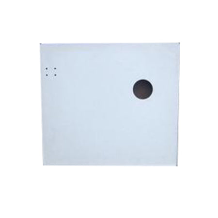 A white metal side panel for a vehicle, featuring a circular cut-out for a hatch.