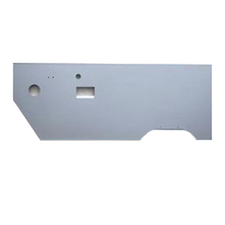 Metal side panel for a vehicle, featuring cut-outs for a hatch, lamp, electrical outlet, and roof latch.