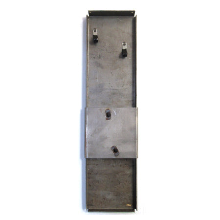 A silver-colored spare tire support bracket with two mounting holes.