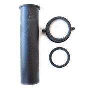Black ABS drain pipe with a round drain cover and a white silicone seal.