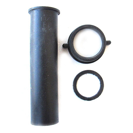 Black ABS drain pipe with a round drain cover and a white silicone seal.